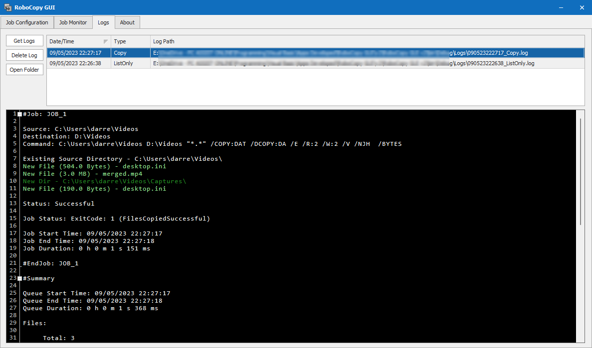 screenshot of RoboCopy GUI